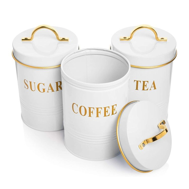Fournisseur cuisine garde-manger Organisation café sucre conteneurs blanc couleur hermétique en acier inoxydable ensemble de bidons pour le stockage des aliments