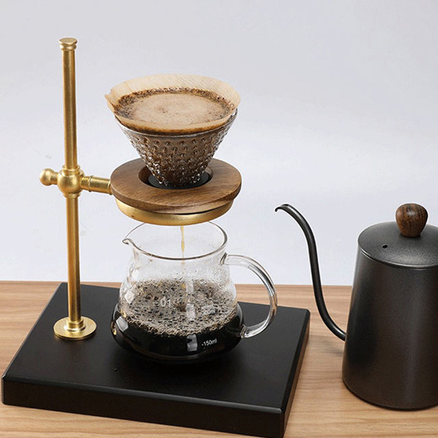Porte-filtre à café en cuivre en gros pot porte-filtre goutte à goutte base en bois de noyer hauteur réglable
