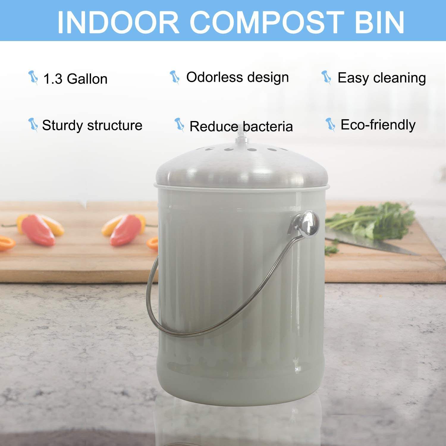 Composteur de 1,3 gal avec couvercle Bac à compost antirouille pour comptoir de cuisine en métal de zinc gauvinisé avec filtre à charbon