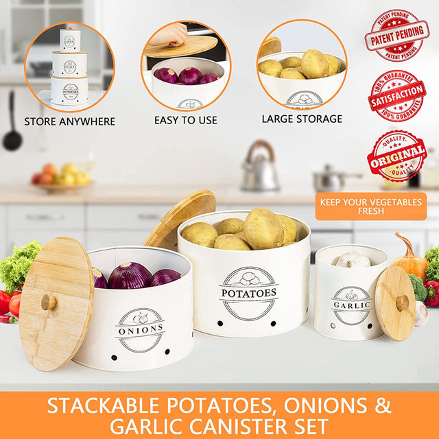Ensembles de bidons pour comptoir de cuisine 3 pièces ail pomme de terre oignon gardien cuisine avec couvercles en bambou en bois