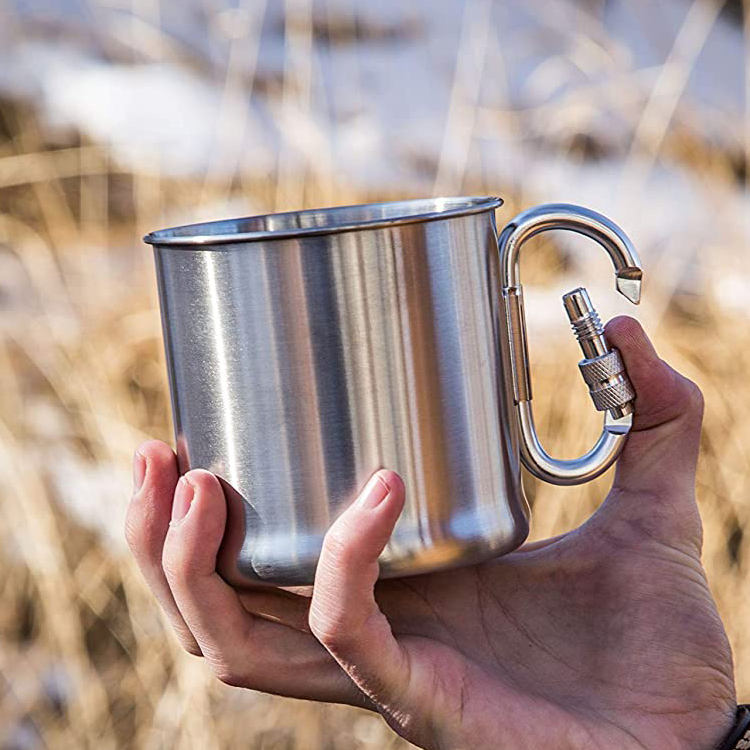 Mousqueton tasse en gros double paroi en acier inoxydable tasse à café gobelets de camping avec mousqueton tasse