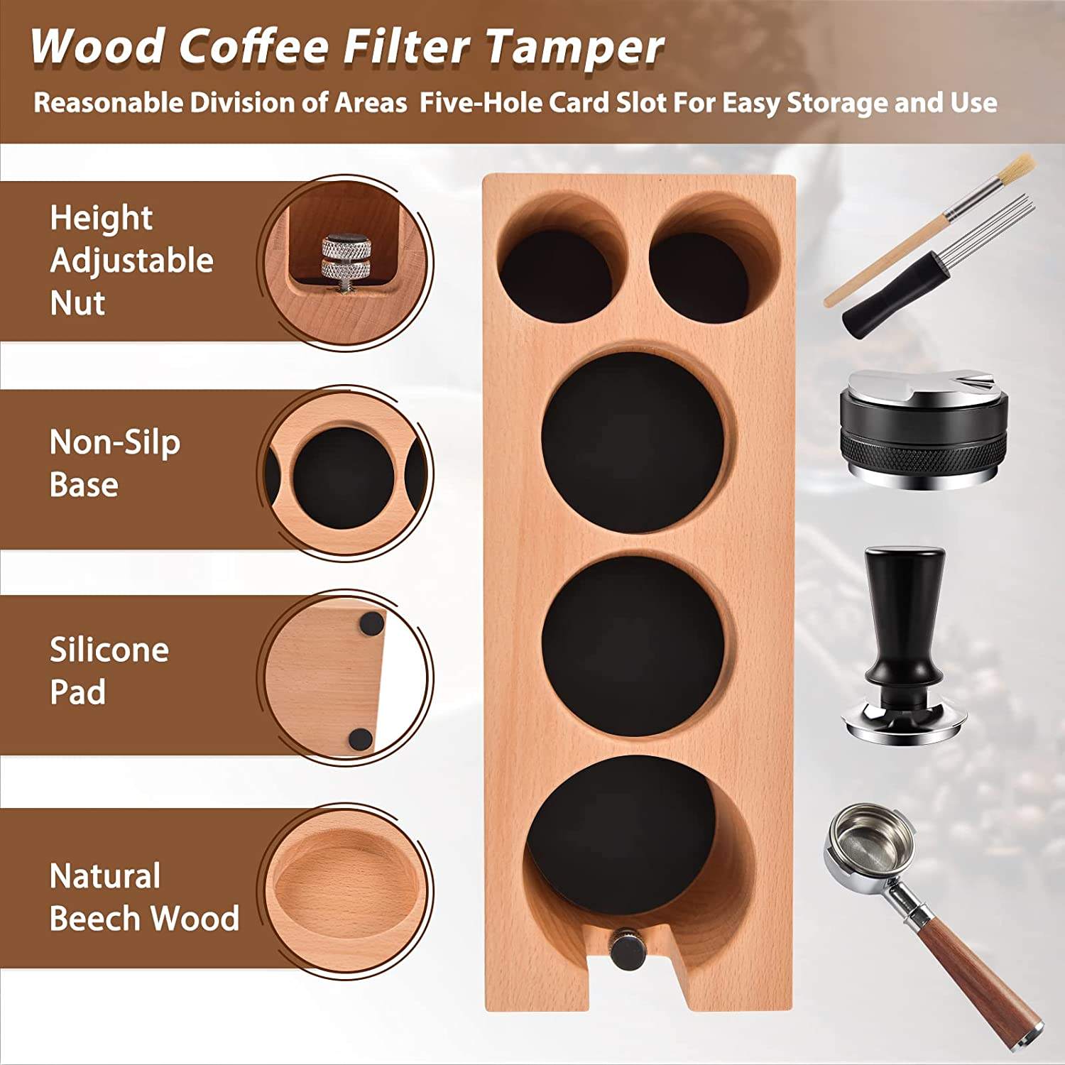 Espresso Tamper Café Distributeur Tamper Espresso Agitateur Bois Café Tamper Station Espresso Tamping Mat Compatible avec 58mm