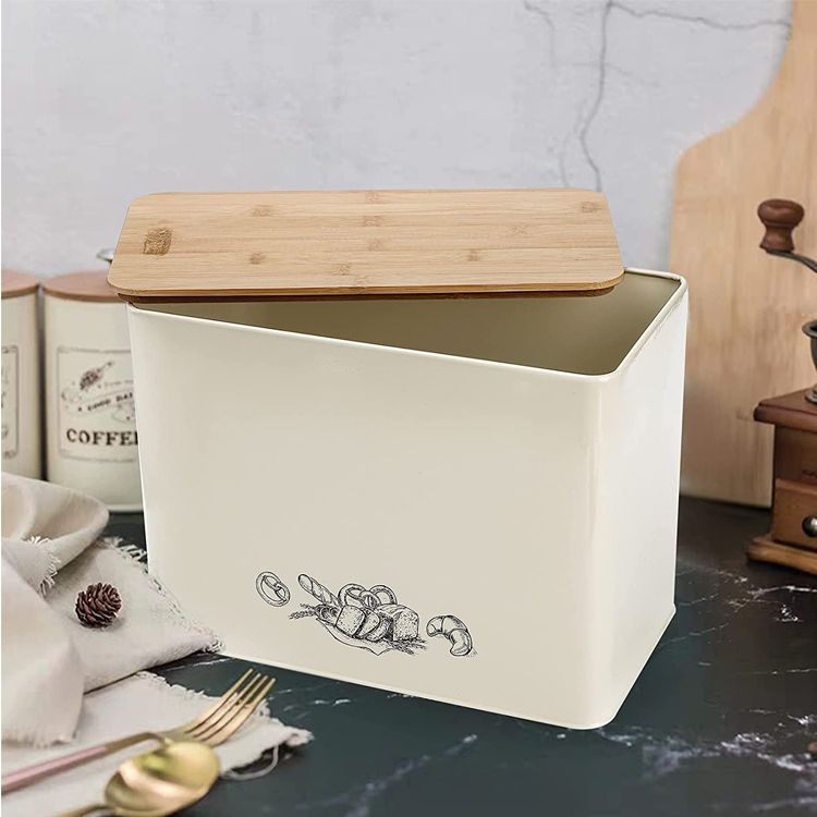Cuisine moderne en métal en acier inoxydable blanc boîte à pain planche à découper couvercle en bambou haute capacité stockage des aliments bac à pain