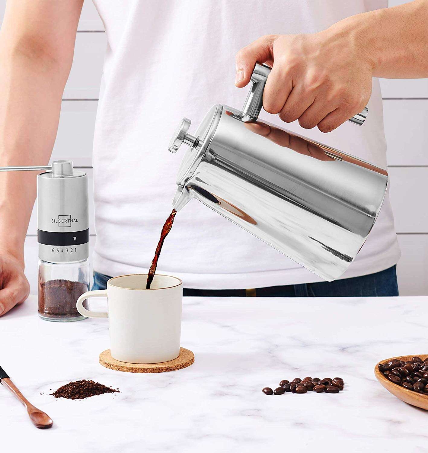 Presse à café lavable au lave-vaisselle Cafetière en acier inoxydable 304 à double paroi durable sans marc de café presse française