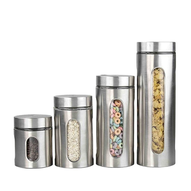 Ensemble de 4 boîtes de rangement en acier inoxydable brossé argenté avec fenêtres en verre