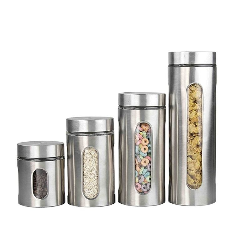 Ensemble de 4 boîtes de rangement en acier inoxydable brossé argenté avec fenêtres en verre