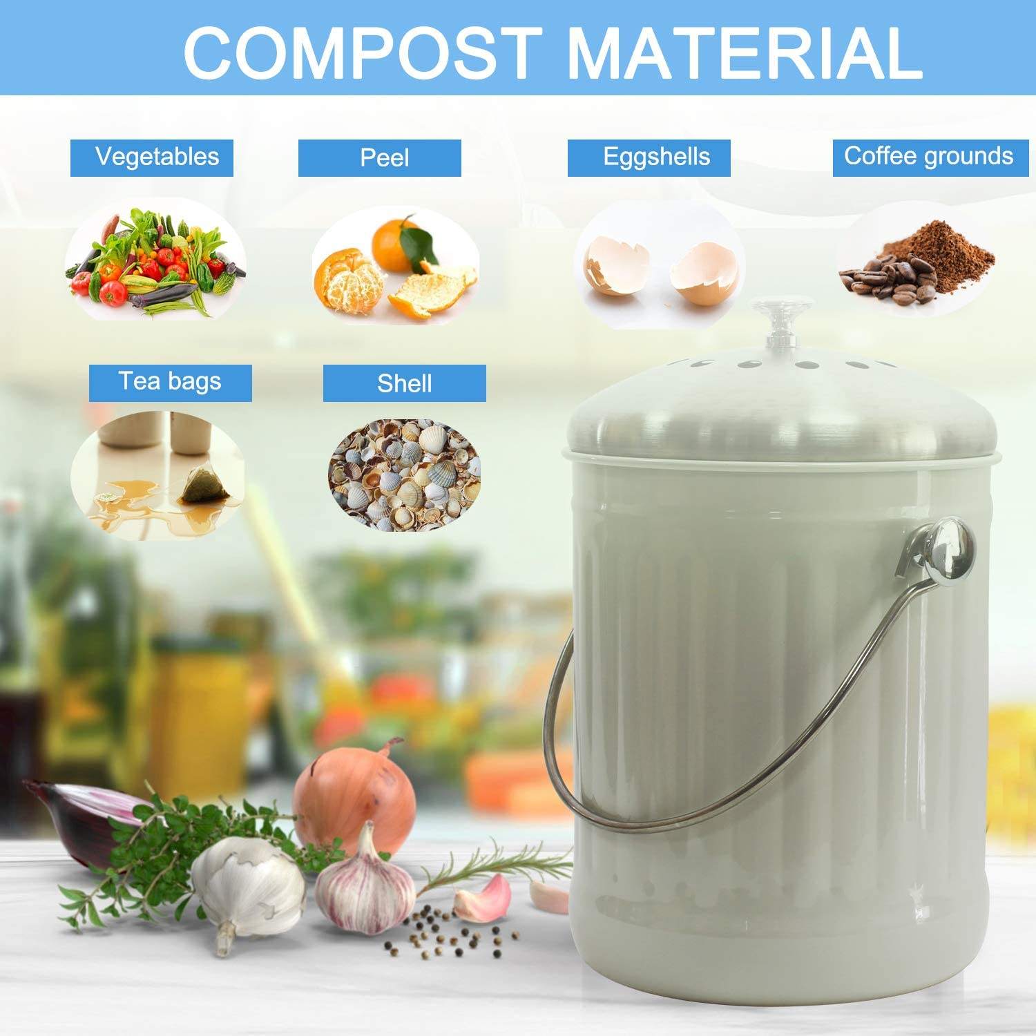 Composteur de 1,3 gal avec couvercle Bac à compost antirouille pour comptoir de cuisine en métal de zinc gauvinisé avec filtre à charbon