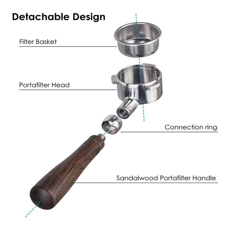 Porte-filtre sans fond 54 mm avec manche en bois naturel Porte-filtre nu en acier inoxydable 304 pour Barista