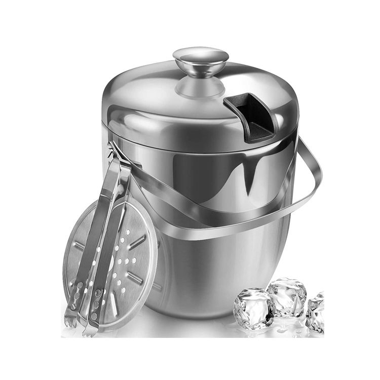 Seau à glace isolé avec pinces et couvercles pour fêtes et bar, double paroi en acier inoxydable avec passoire Seau à glace avec couvercle