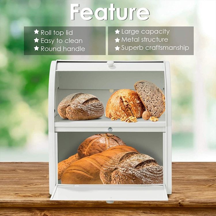 Boîte à pain la plus vendue support de grande capacité 2 niveaux en métal en acier inoxydable grandes boîtes de stockage des aliments conteneur pour pains