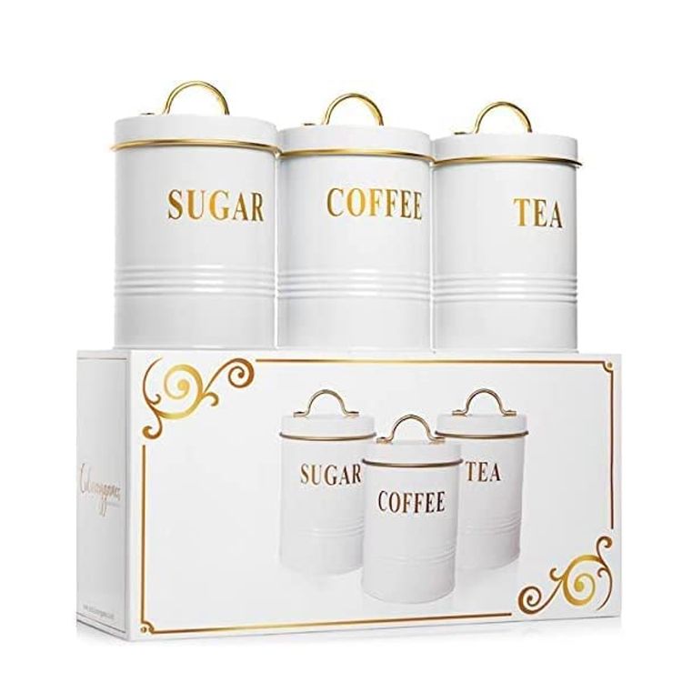 Fournisseur cuisine garde-manger Organisation café sucre conteneurs blanc couleur hermétique en acier inoxydable ensemble de bidons pour le stockage des aliments