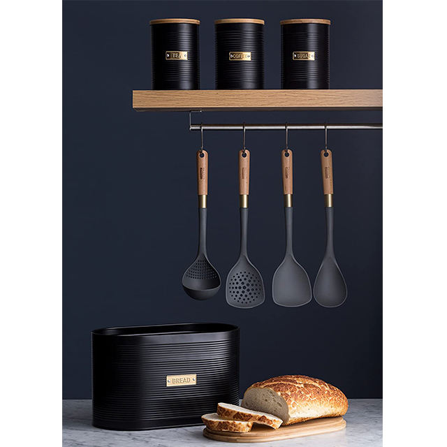 Boîte à pain avec couvercle en bambou cuisine noir mat coin boîte à pain en acier inoxydable en métal et bidons