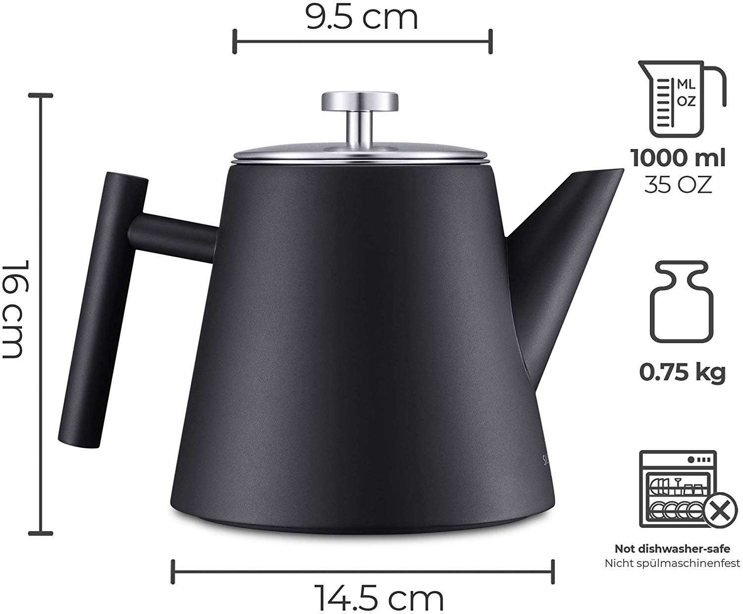 Théière en acier inoxydable avec réchaud Double paroi 1,2 L Maintient le thé chaud pendant longtemps avec infuseur à thé