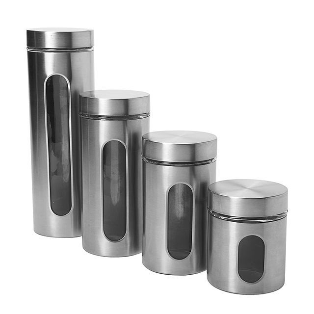 Ensemble de 4 boîtes de rangement en acier inoxydable brossé argenté avec fenêtres en verre