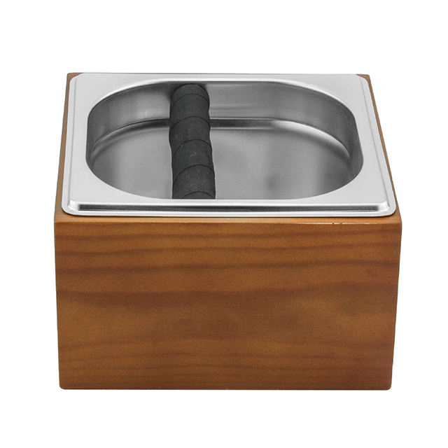 Boîte à café en acier inoxydable Knock Box Espresso avec coffret en bois - Boîte à café avec cadre en bois