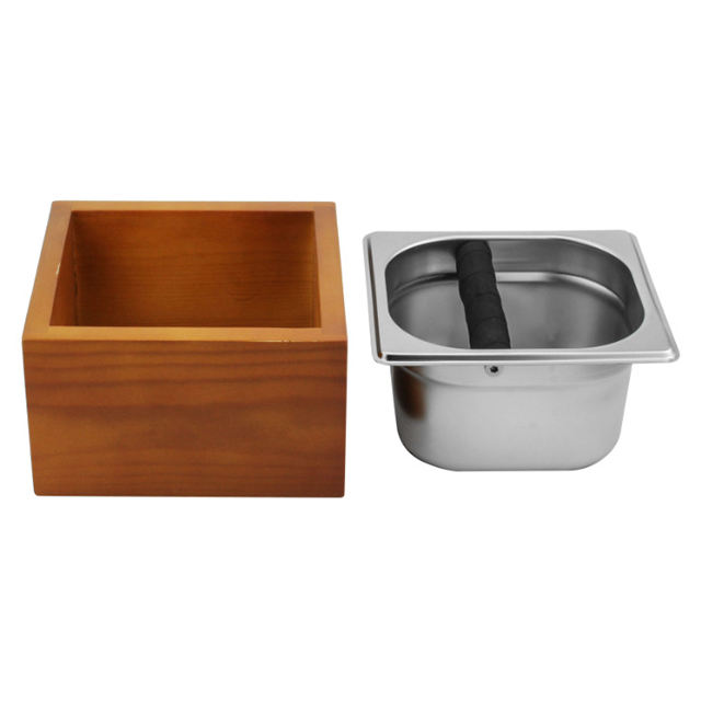 Boîte à café en acier inoxydable Knock Box Espresso avec coffret en bois - Boîte à café avec cadre en bois