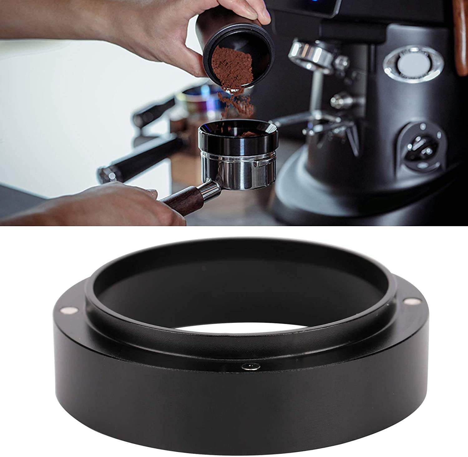 Entonnoir de dosage de café en aluminium, entonnoir à anneau de dosage de poudre de café avec argent de remplacement magnétique pour la maison de bureau (51-58 mm))