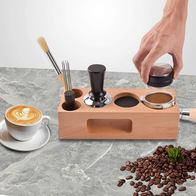 Espresso Tamper Café Distributeur Tamper Espresso Agitateur Bois Café Tamper Station Espresso Tamping Mat Compatible avec 58mm