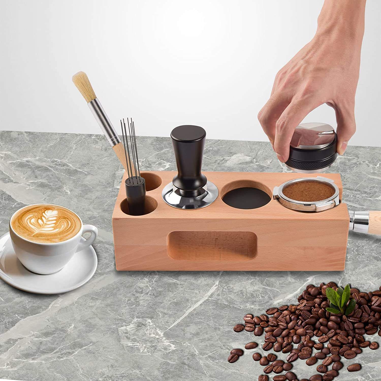 Espresso Tamper Café Distributeur Tamper Espresso Agitateur Bois Café Tamper Station Espresso Tamping Mat Compatible avec 58mm