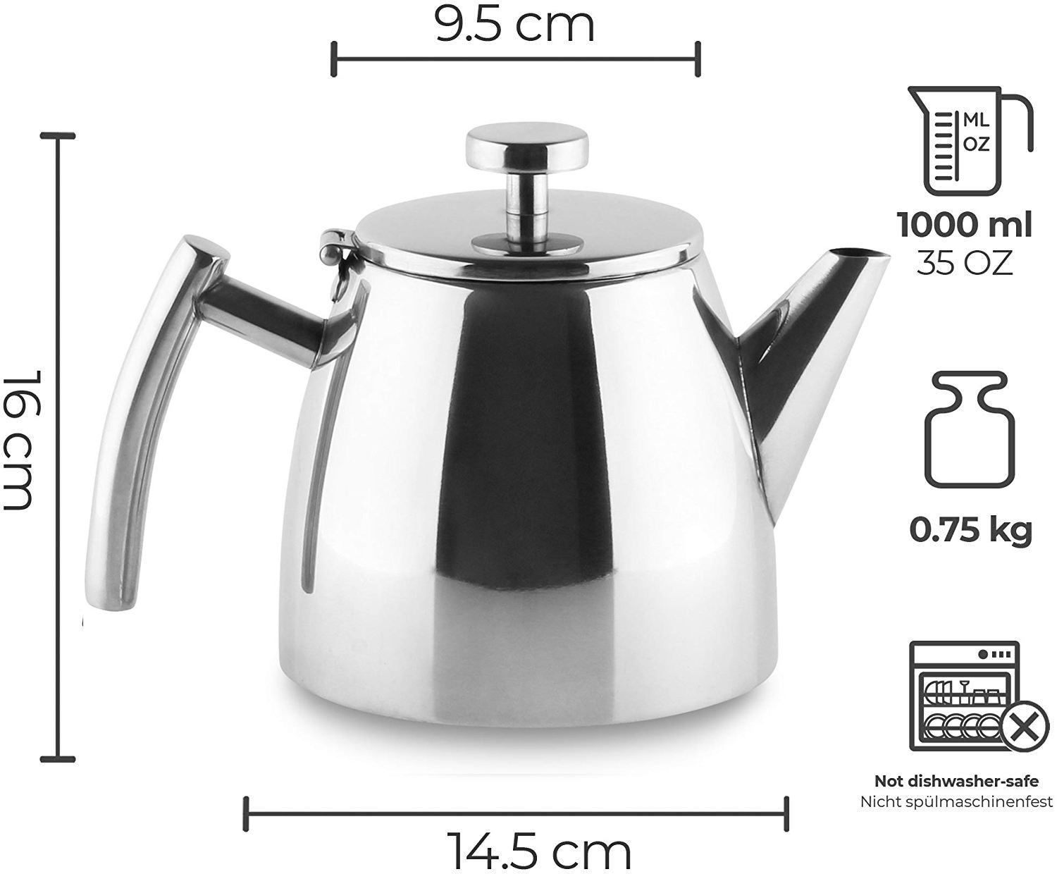 Théière en acier inoxydable Infuseur à thé à double paroi de 1,2 L Théière résistante à la chaleur avec infuseur