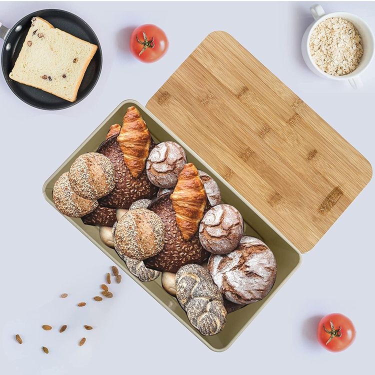 Cuisine moderne en métal en acier inoxydable blanc boîte à pain planche à découper couvercle en bambou haute capacité stockage des aliments bac à pain