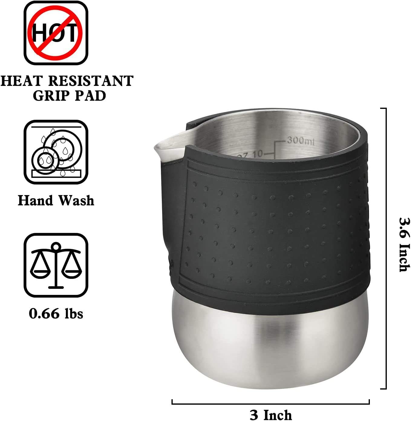 Pichet à mousser le lait Pichet à vapeur de lait en acier inoxydable Bec arrondi Coussinets en silicone résistant à la chaleur Pot à lait