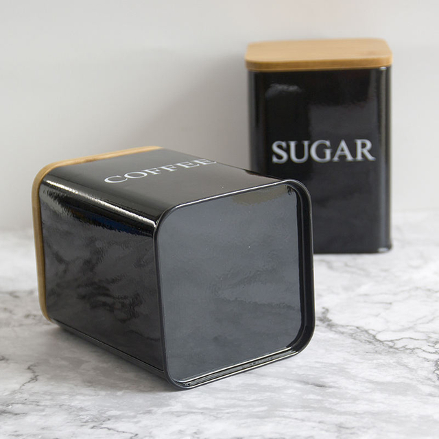 Récipient de stockage de nourriture de cuisine de récipient de sucre de café de thé en métal de haute qualité réglé avec le pot de couvercle en bois