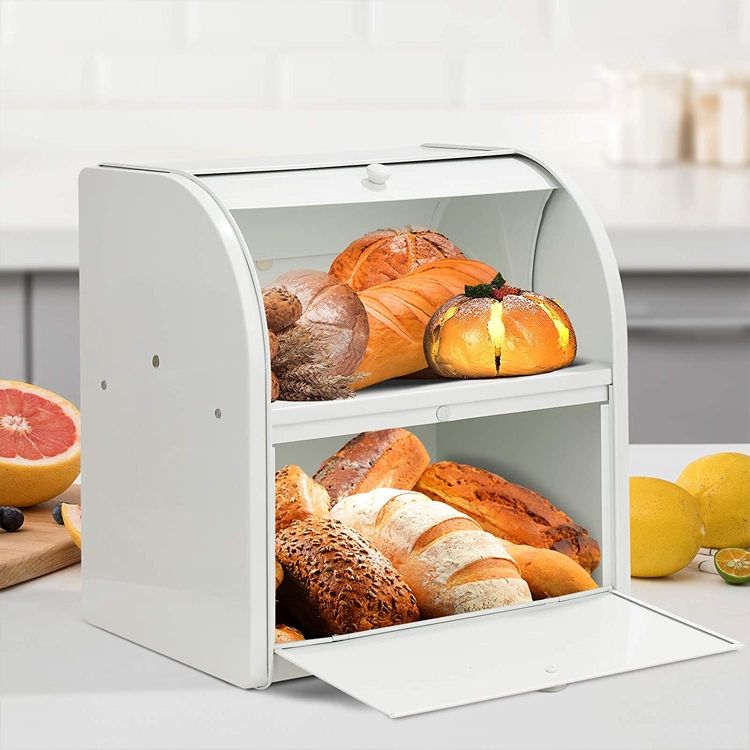 Boîte à pain la plus vendue support de grande capacité 2 niveaux en métal en acier inoxydable grandes boîtes de stockage des aliments conteneur pour pains