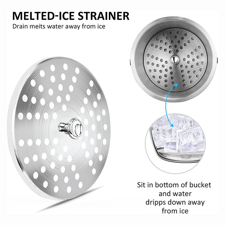 Seau à glace portable isolé en acier inoxydable à double paroi avec couvercle et pince à glace. Passoire incluse pour garder la glace froide et sèche.