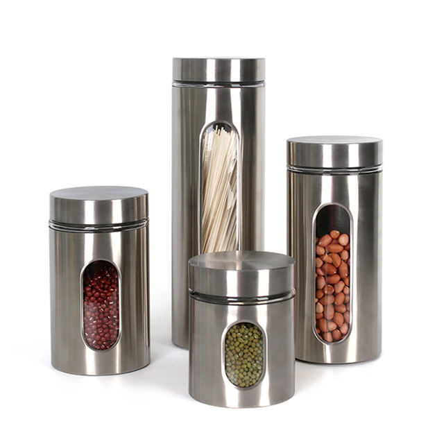 Ensemble de 4 boîtes de rangement en acier inoxydable brossé argenté avec fenêtres en verre