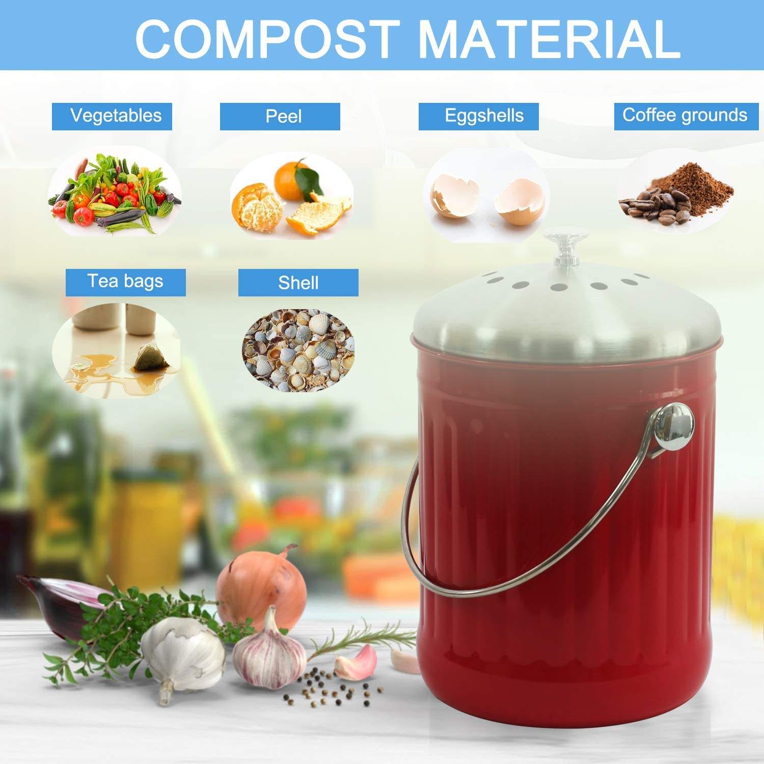 Seau à compost de cuisine pour comptoir ou sous évier 1,3 gallon en métal intérieur maison appartement éco biodégradable bac à compost