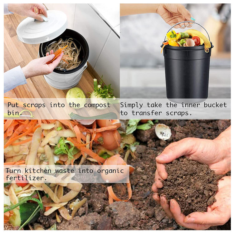 Produit Poubelle de cuisine avec poignée 1 gallon intérieur blanc avec seau en plastique Poubelle à compost avec filtre à charbon