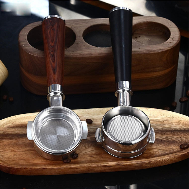 Porte-filtre à café sans fond en acier inoxydable de 58 mm avec poignée en bois