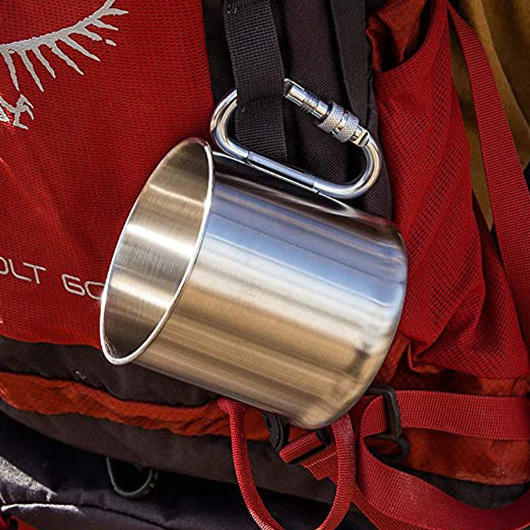 Mousqueton tasse en gros double paroi en acier inoxydable tasse à café gobelets de camping avec mousqueton tasse