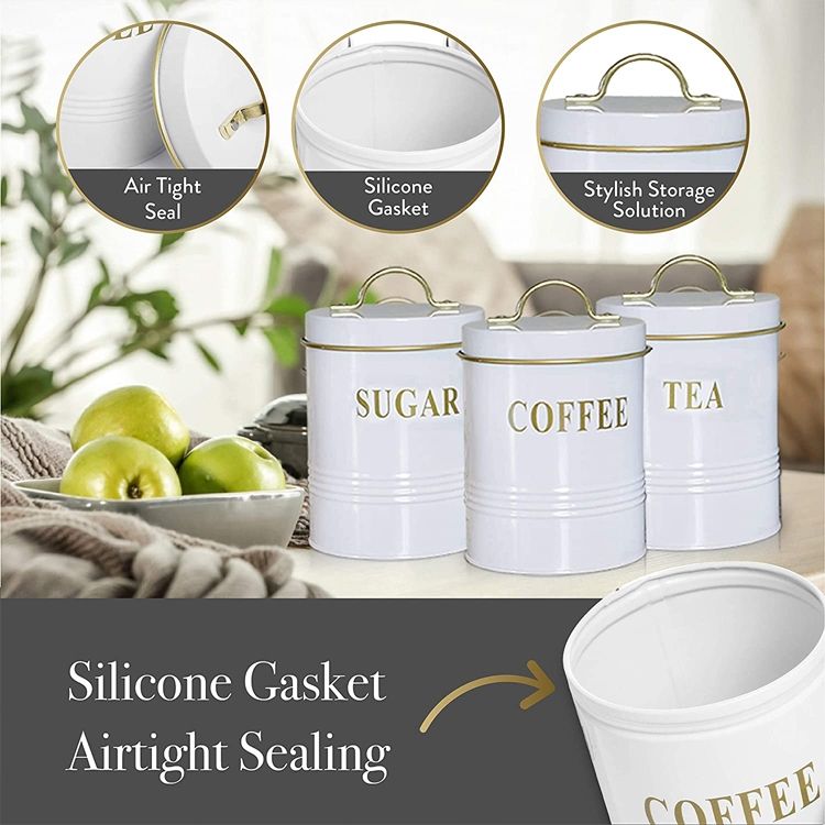 Fournisseur cuisine garde-manger Organisation café sucre conteneurs blanc couleur hermétique en acier inoxydable ensemble de bidons pour le stockage des aliments