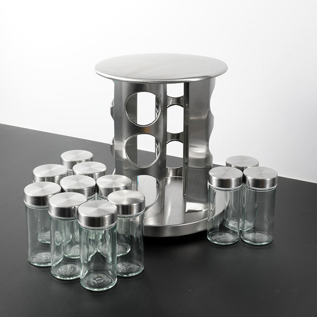 Ventes directes d'usine Vente chaude Amazon Bouteille d'assaisonnement en verre Étagère rotative Ensemble de pots d'assaisonnement