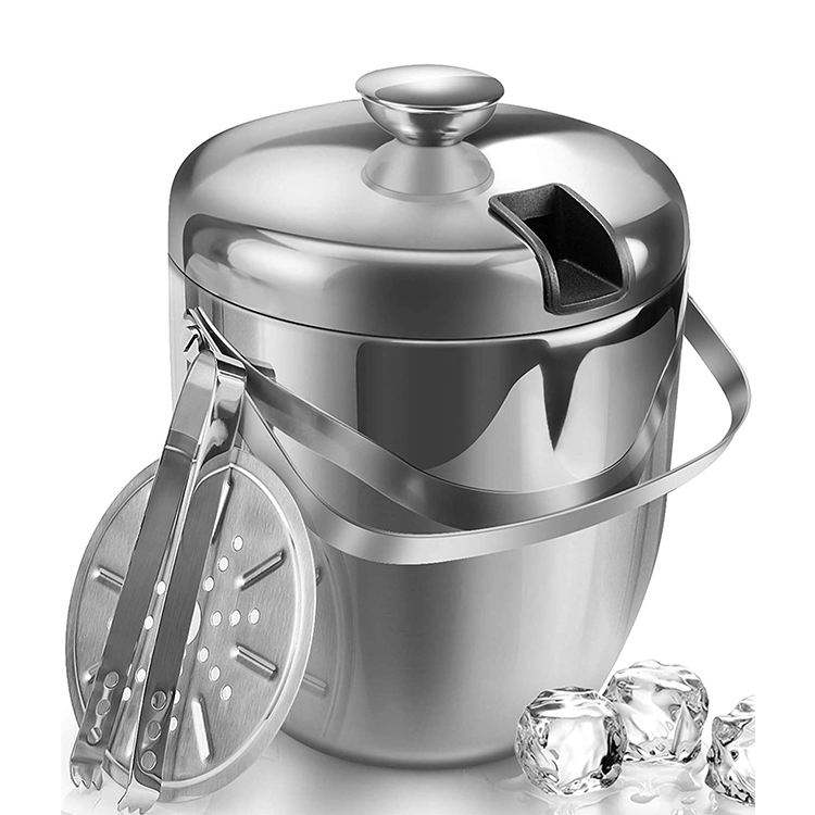 Seau à glace isolé avec pinces et couvercles 3,4 litres pour fêtes et bar, double paroi en acier inoxydable avec passoire