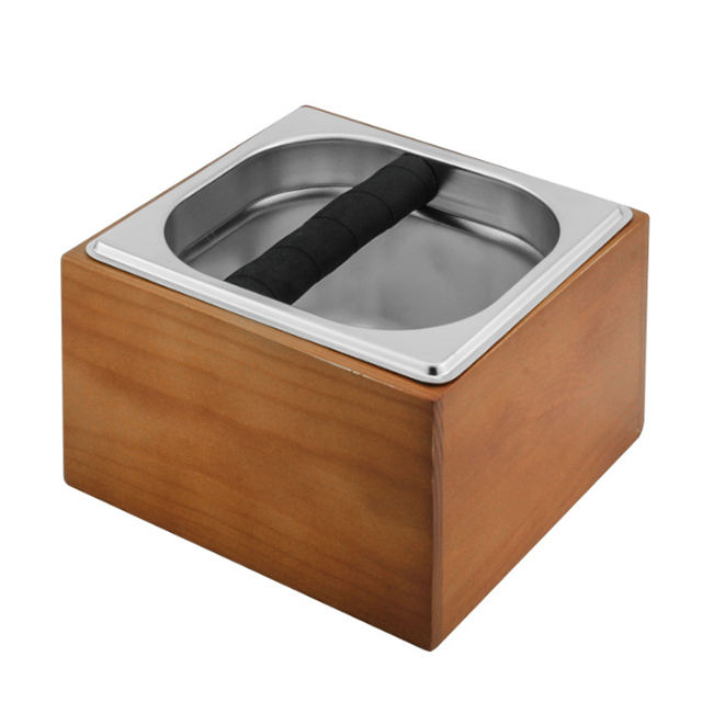 Boîte à café en acier inoxydable Knock Box Espresso avec coffret en bois - Boîte à café avec cadre en bois