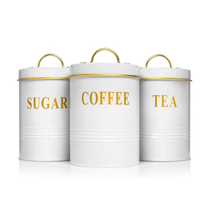Fournisseur cuisine garde-manger Organisation café sucre conteneurs blanc couleur hermétique en acier inoxydable ensemble de bidons pour le stockage des aliments