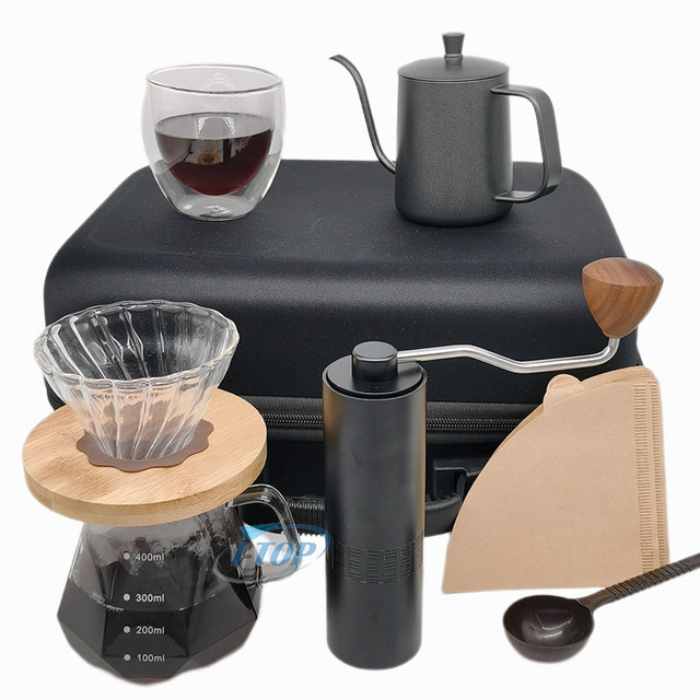 Cafetière d'extérieur V60 ensemble moulin à café goutteur avec acier inoxydable et bouilloire verre minuterie échelle sac de voyage adapté aux cadeaux