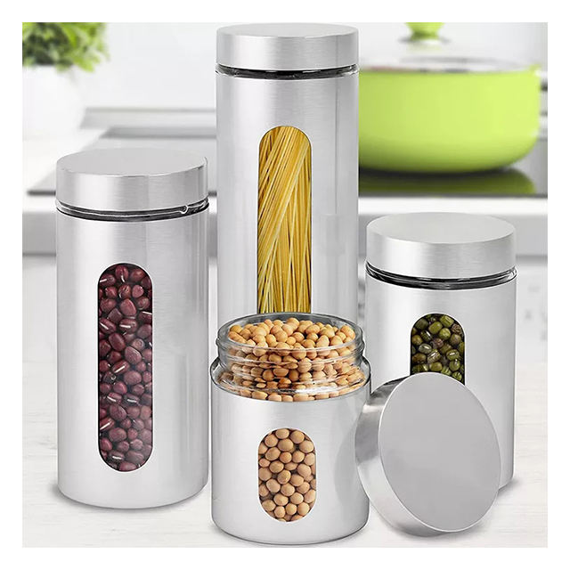Ensemble de 4 boîtes de rangement en acier inoxydable brossé argenté avec fenêtres en verre