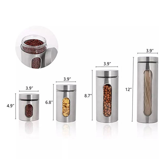 Ensemble de 4 boîtes de rangement en acier inoxydable brossé argenté avec fenêtres en verre