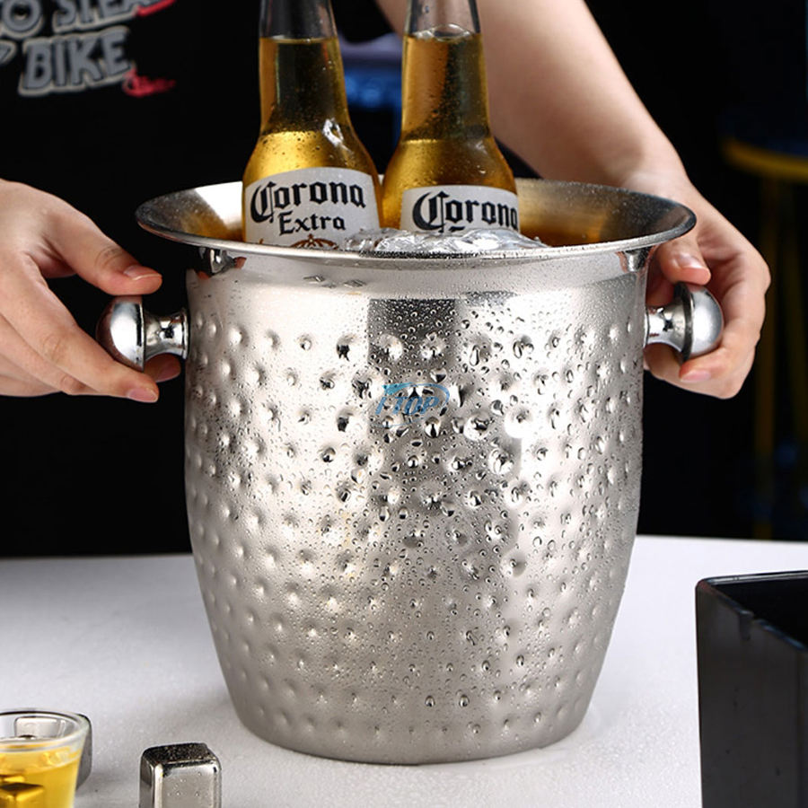 Seau à boisson en métal martelé de 4 pintes Champagne Wine Freeze Seau à glace isolé plus long avec poignée