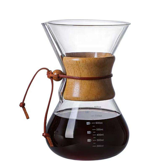 Vente chaude verser sur la cafetière en verre à haute teneur en borosilicate avec goutte à goutte de café en acier inoxydable sans papier et manchon en bois