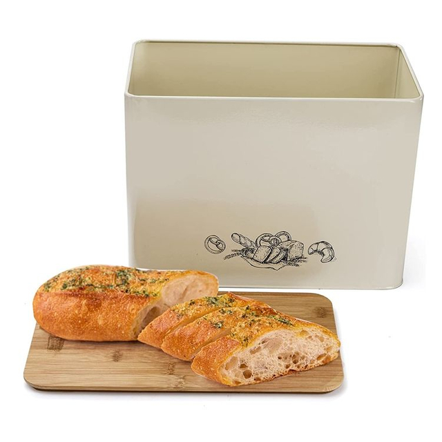 Cuisine moderne en métal en acier inoxydable blanc boîte à pain planche à découper couvercle en bambou haute capacité stockage des aliments bac à pain