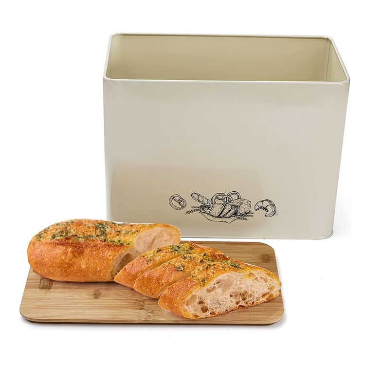 Cuisine moderne en métal en acier inoxydable blanc boîte à pain planche à découper couvercle en bambou haute capacité stockage des aliments bac à pain