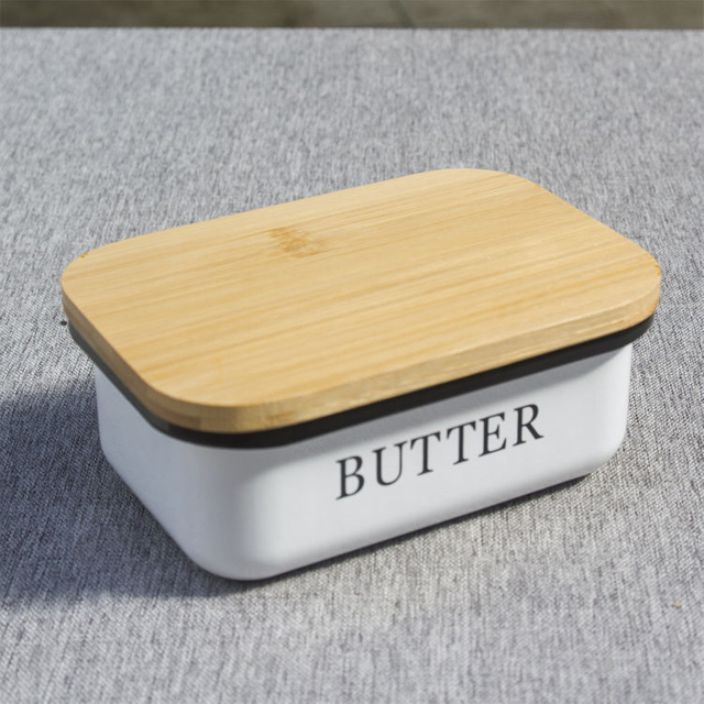 Poubelle en métal avec couvercle en bois de bambou pour cuisine Boîte de rangement en métal Suger Fromage Beurrier