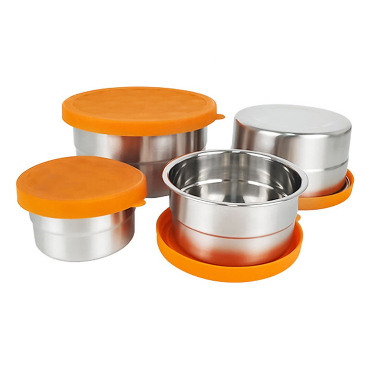 Ensemble de 4 boîtes à lunch Bento écologiques en acier inoxydable étanches pour enfants contenant de soupe à sauce avec couvercle en silicone