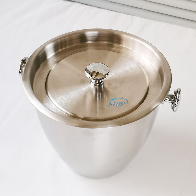 Seau à glace en acier inoxydable à paroi simple avec pelle à glace et poignée pratique à deux bombes