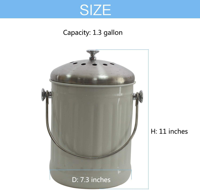 Composteur de 1,3 gal avec couvercle Bac à compost antirouille pour comptoir de cuisine en métal de zinc gauvinisé avec filtre à charbon